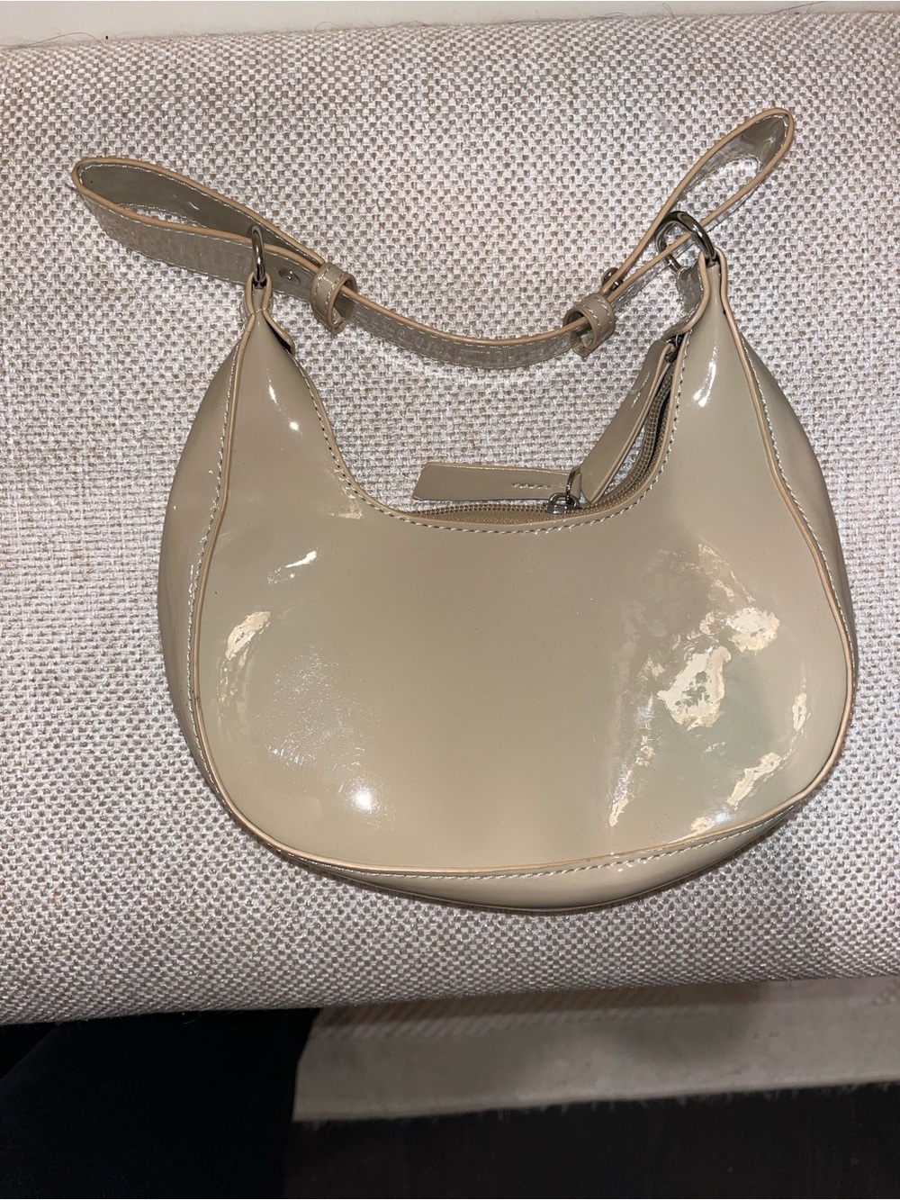 Patent Leather Crescent Shoulder Bag in Beige